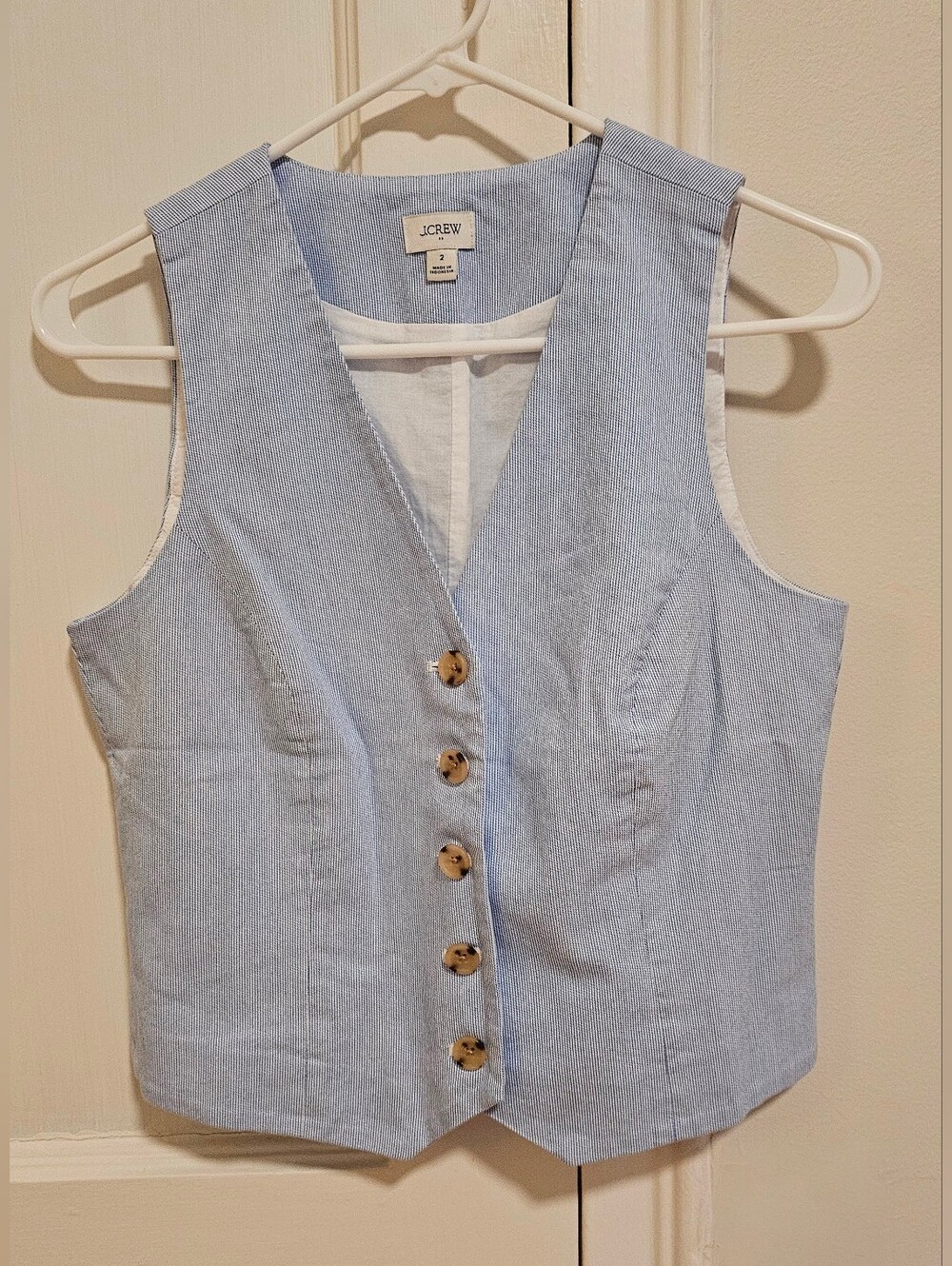 NWOT J. Crew White And Blue Sleeveless Button-Front Vest